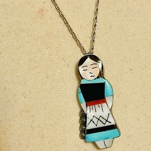 SOUTHWEST  T.WASETA ZUNI STERLING SILVER 925  MAIDEN PENDANT/ Chain Coral Turquo